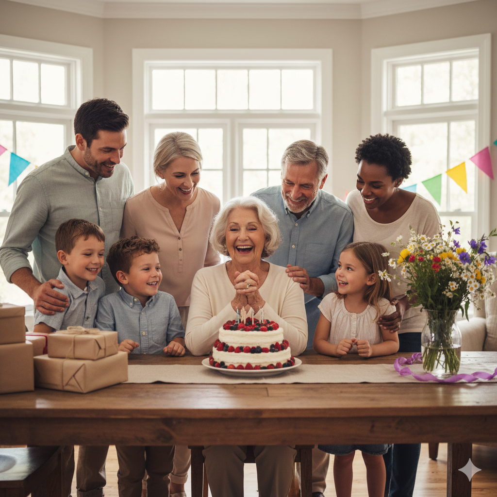 Multi-generational family celebrating a birthday indoors with a cake and joyful expressions