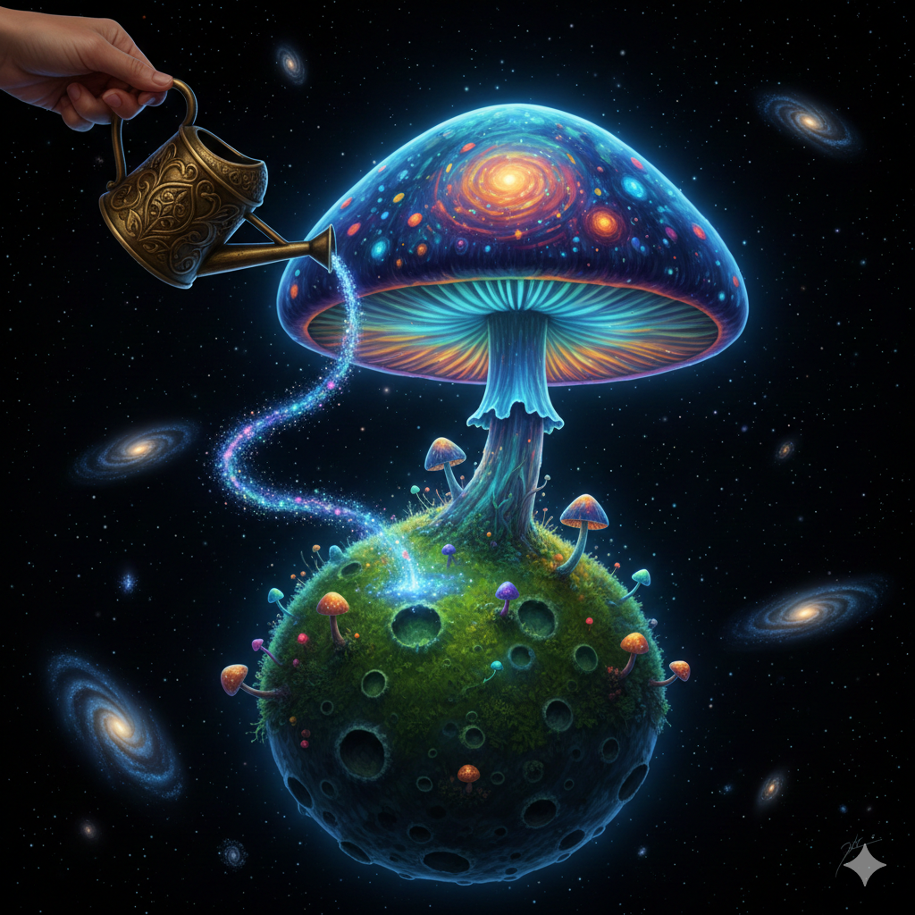 Psychedelic cosmic mushroom growing on a moon-like planetoid in deep space