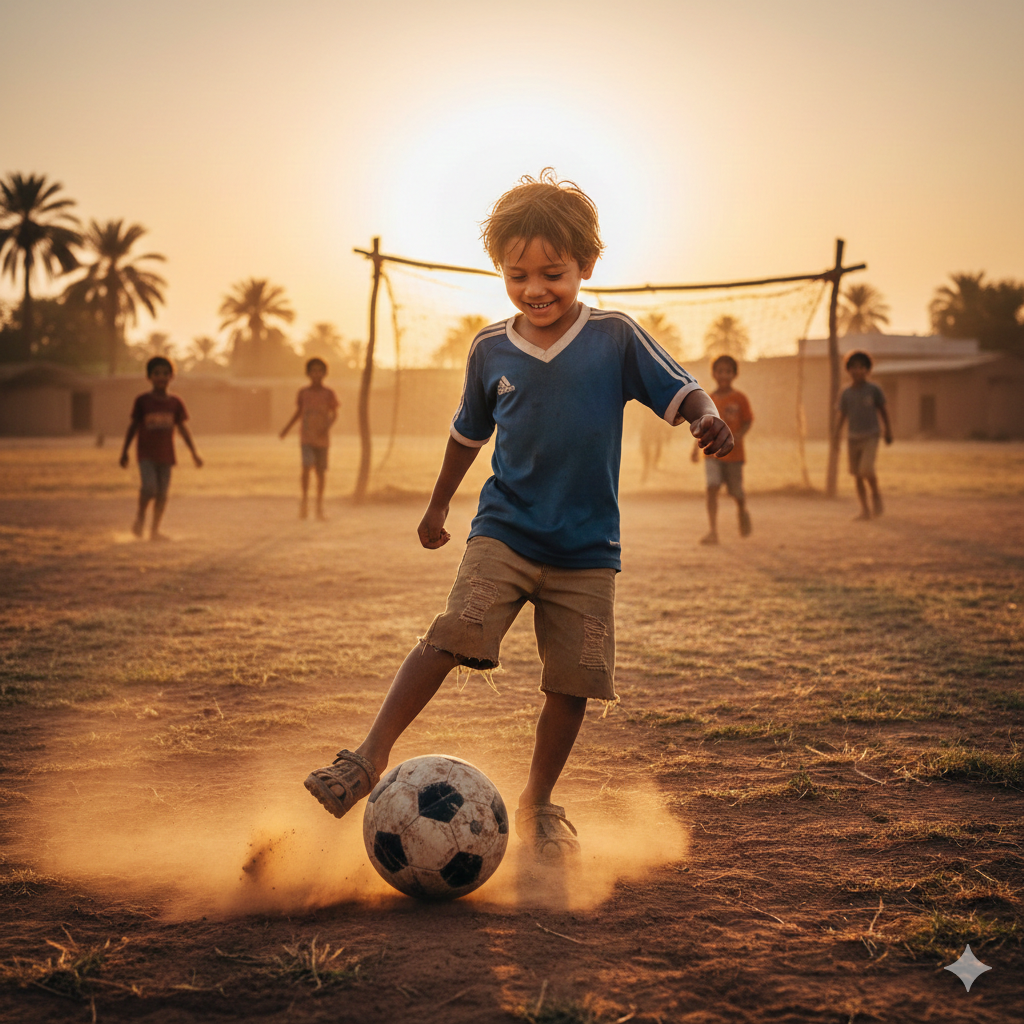Smiling boy kicking a football on a dusty village field during sunset