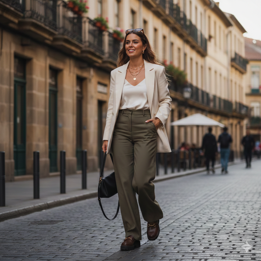 Smiling woman in business casual outfit walking on a European cobblestone street