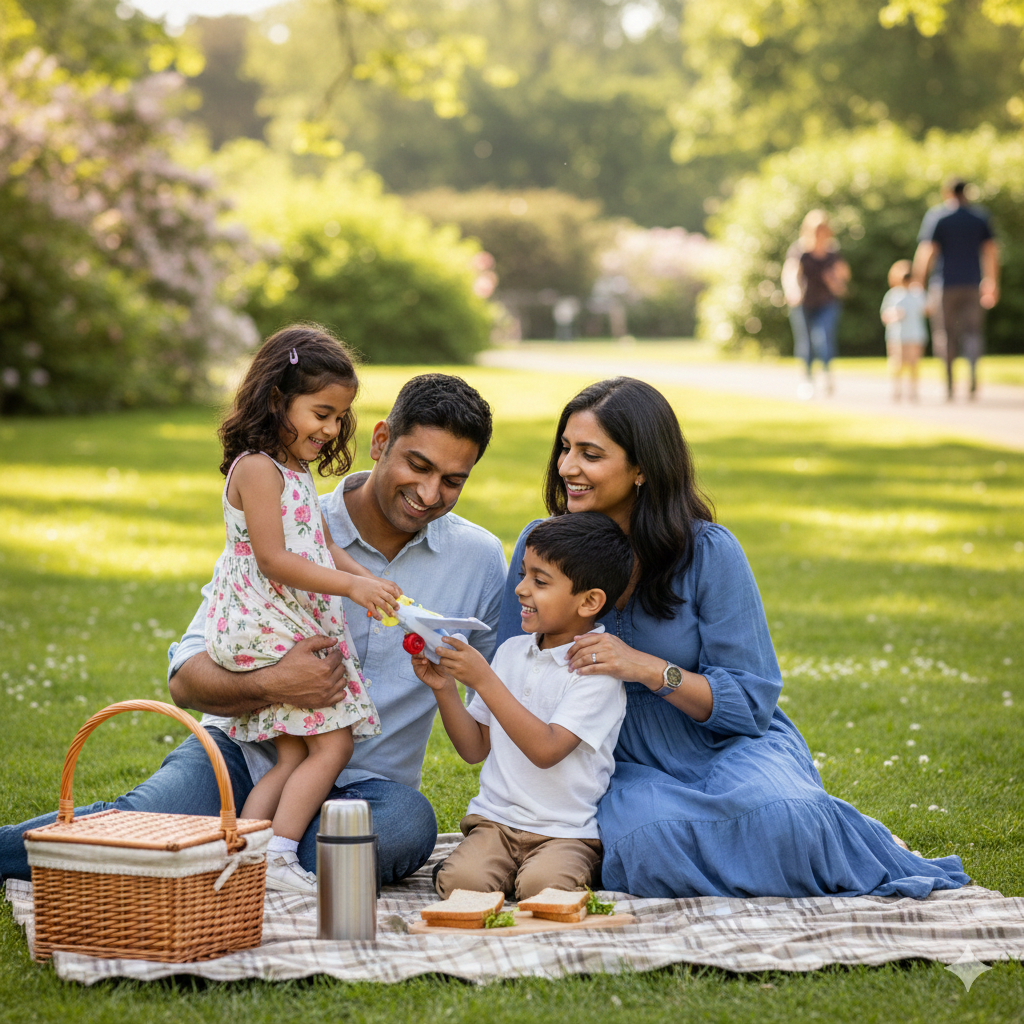 South Asian family of four enjoying a picnic on a blanket in a sunny green park