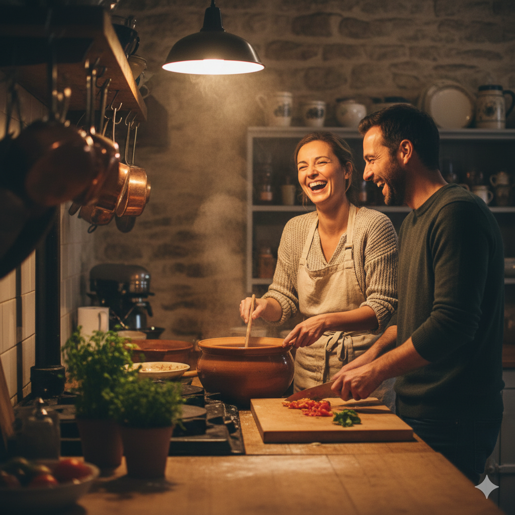 Laughing couple cooking together in a rustic traditional kitchen