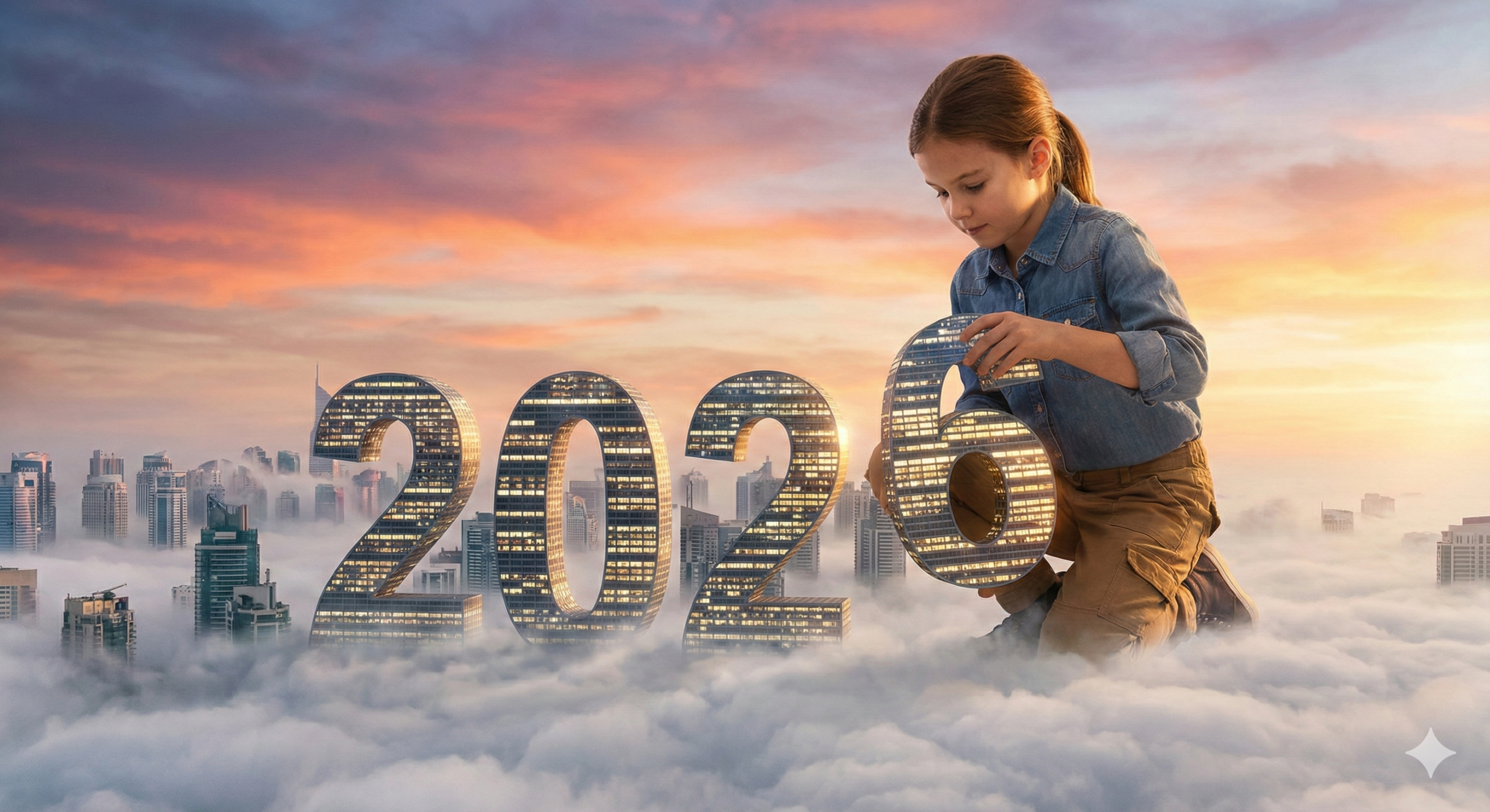 Giant young girl placing number 6 to form 2026 above a misty city skyline