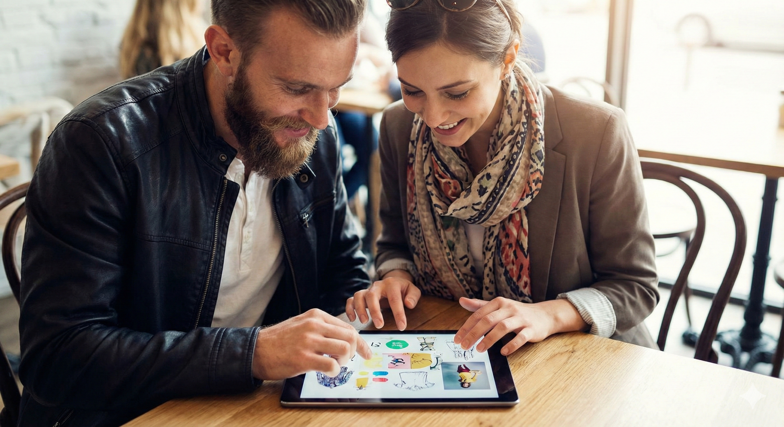 man and woman looking at digital tablet together for creative collaboration