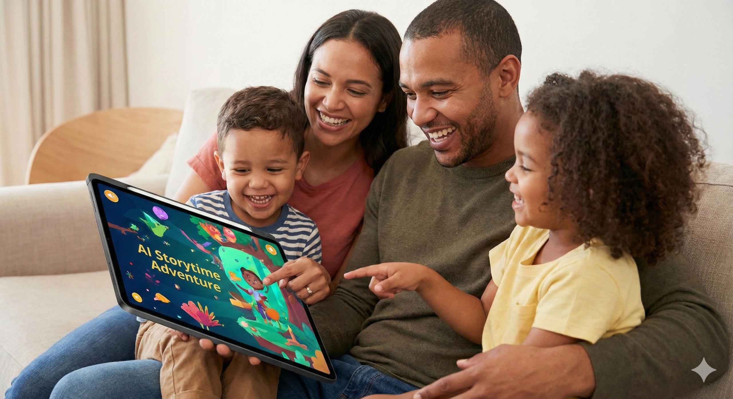 happy family enjoying AI activities together on a screen