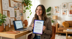 female professional working at stylish AI-focused workspace with tablet
