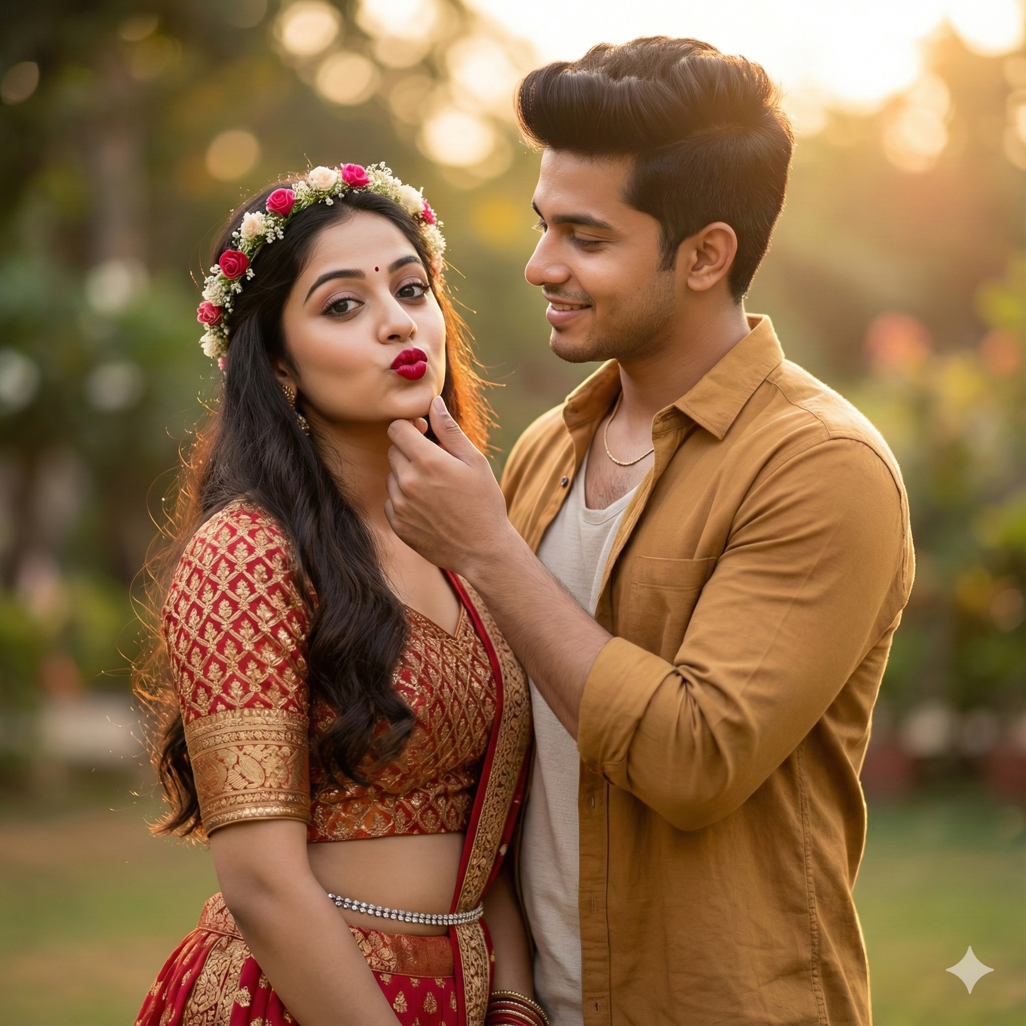 romantic couple in love, woman in traditional Indian outfit, man holding her chin