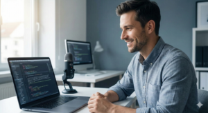 rmale professional working at AI-focused minimalist workspace with laptop