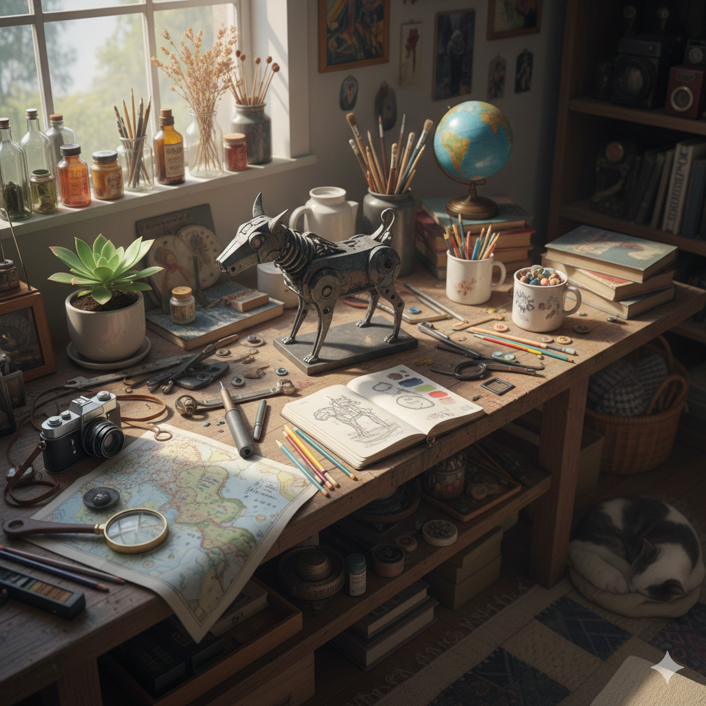 Cozy artist workbench with steampunk metal dog sculpture and art supplies