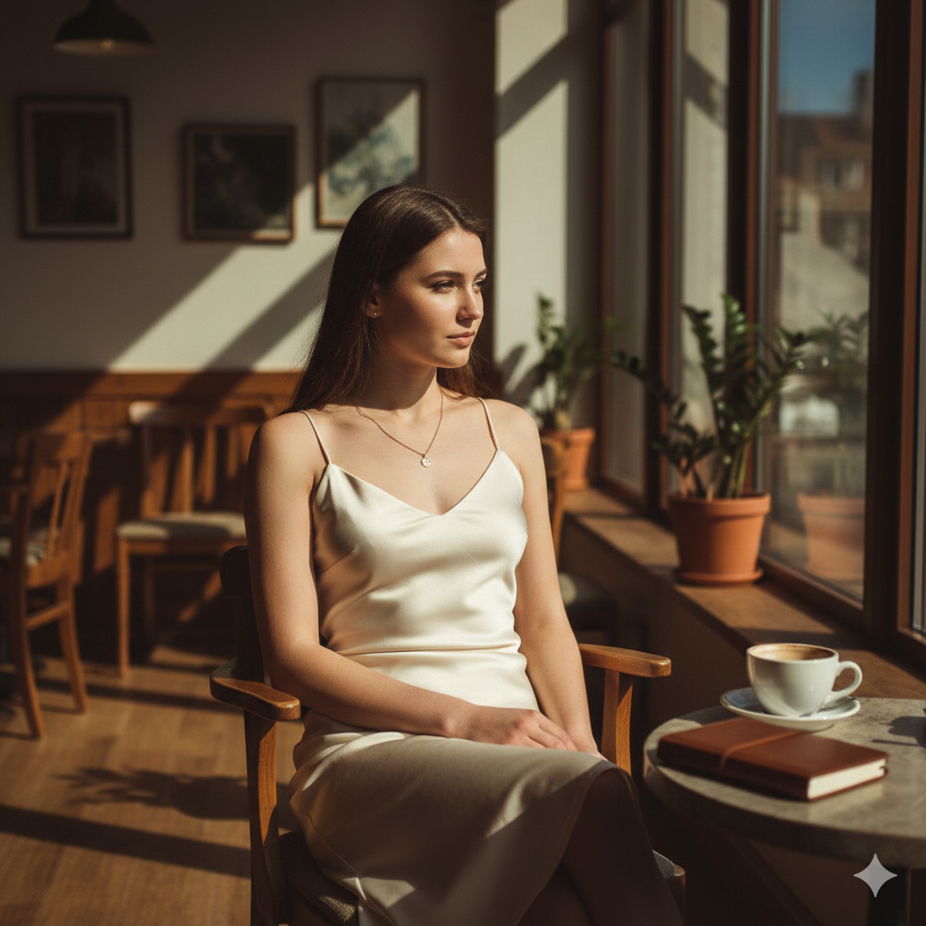 Elegant young woman in ivory silk dress sitting by a sunlit cafe window