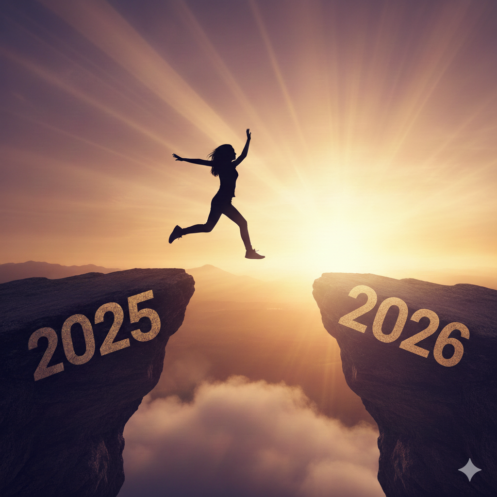 Silhouette of a woman jumping from 2025 to 2026 across a mountain gap at sunset