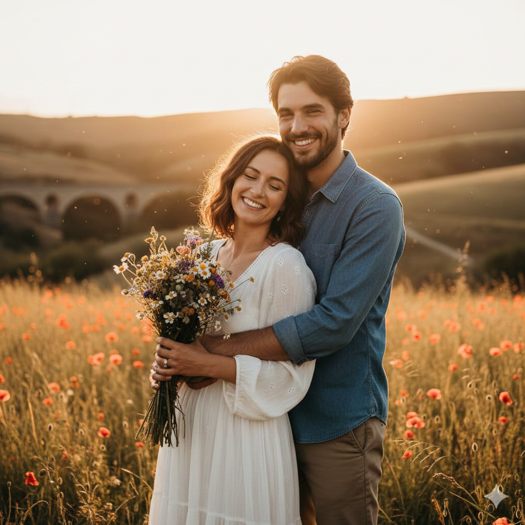 Happy couple embracing in a red poppy field during golden hour sunset
