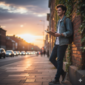 Young man in denim jacket with backpack smiling at sunset on a city sidewalk