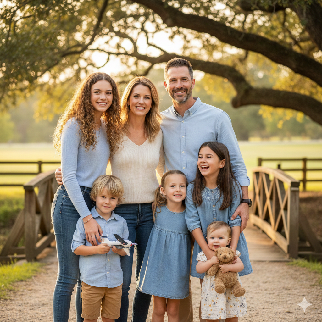 Happy family of six standing on a wooden bridge in a park during golden hour