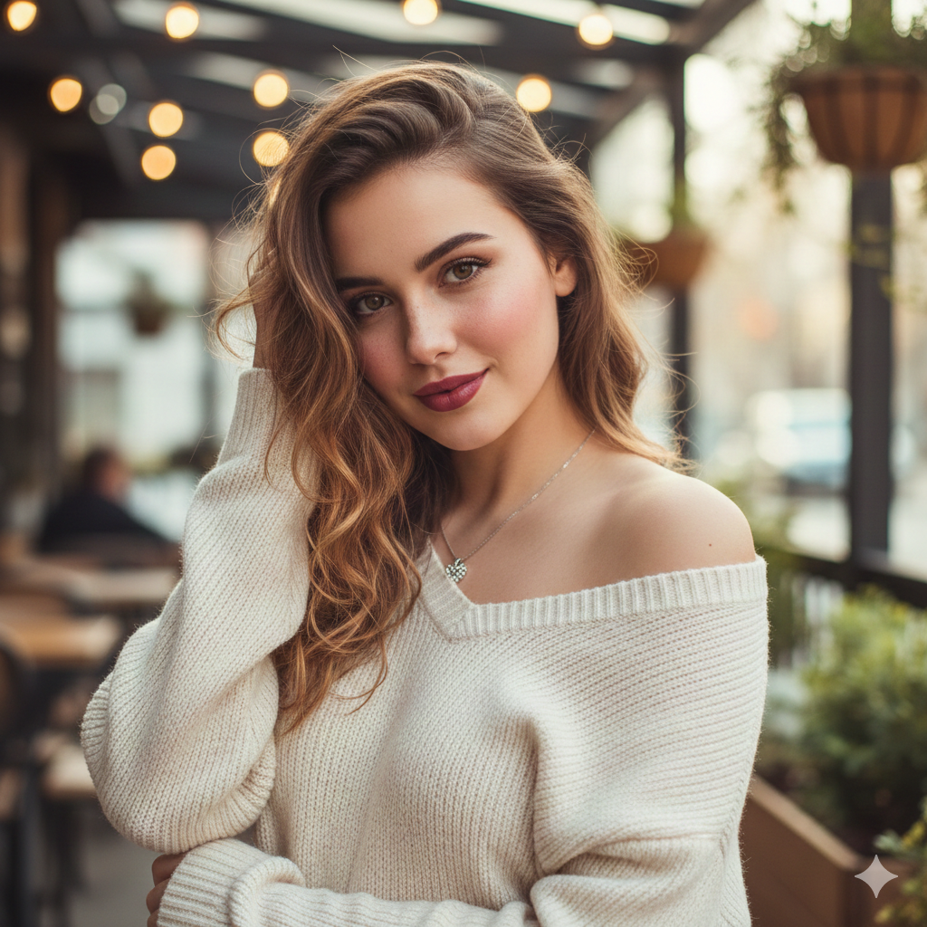 Cinematic cafe portrait of a young woman with wavy hair and warm golden hour lighting
