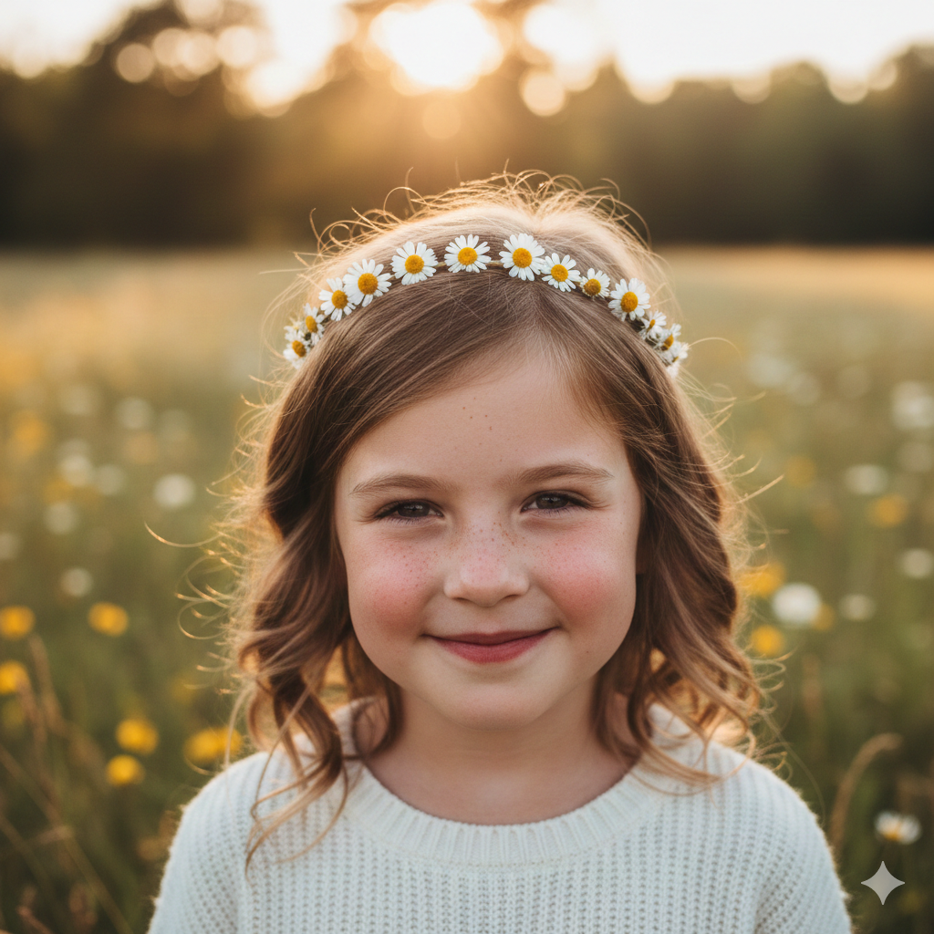 Golden hour portrait of a young girl with daisy flower crown in a wildflower meadow