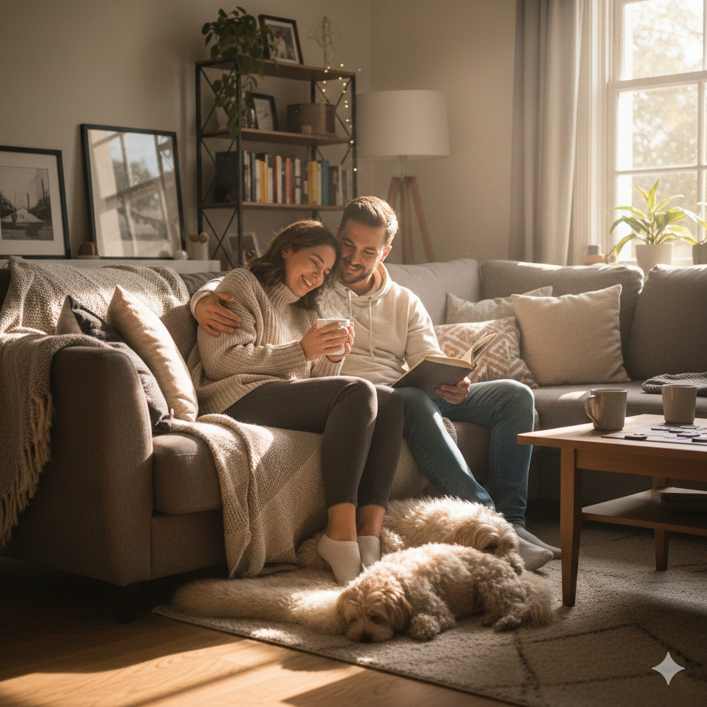 Cozy lifestyle portrait of a young couple sitting on a sofa with dogs in a sunlit living room